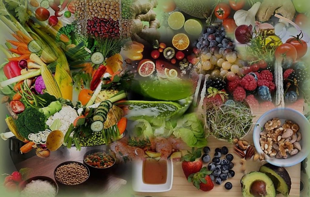דיאטת אנטי אייג'ינג ומזונות בריאים - תמונה של מזונות בראים ירקות, פירות, קטניות, דגנים, שורשים, נבטים.