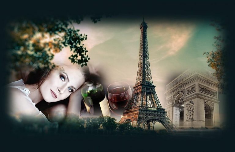 הסוד של הצרפתיות לאנטי אייג'ינג יין אדום. תמונה של פריז עם מגדל אייפל שער הניצחון ואישה עם יין אדום.